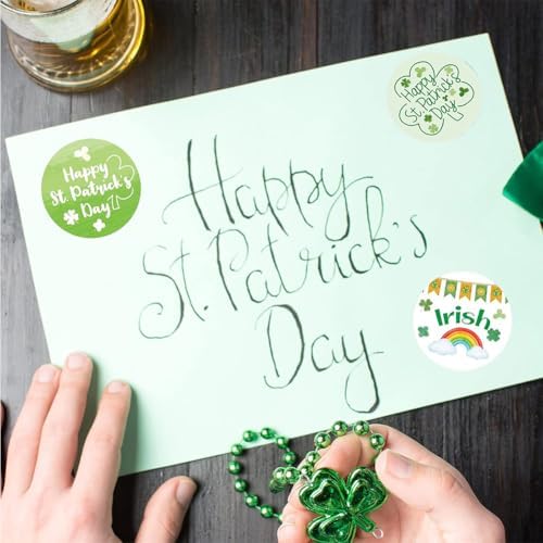 St. Patrick's Day Stickers Roll 1in Shamrock Sticker Decor 8 Designs Self-Adhesive Clover Sticker Decals for Irish Holiday Party Scrapbook Journal Envelopes Goodie Bags Decorations - 500Pcs