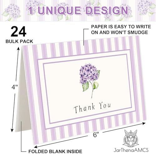 JarThenaAMCS 24 Pack Hydrangea Thank You Cards Purple Floral Stripe Greeting Cards with Envelopes Stickers Blank Note Card for Wedding Bridal Baby Shower Birthday Party, 4 x 6 Inch
