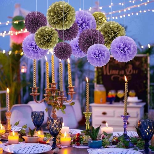 18 PCS Tissue Paper Pom Poms, Tissue Pom Poms Flowers, Sizes of 6", 10", 12", 14" Hanging Paper Flower Ball for Wedding, Birthday, Halloween, Christmas, Baby Shower Party Decor (Gold Purple)