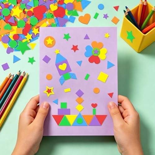 1200Pcs Foam Stickers Foam Shape Sticker for Craft Heart Star,Bright Color
