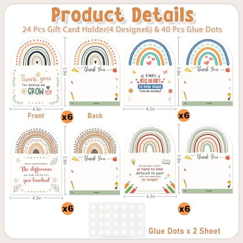 HEYINSEHN 24 Pcs Teacher Appreciation Gift Card Holders Bulk Thank You Cards for Teachers Graduation Appreciation Gifts Card Sleeves Rainbow Graduation Gift Card Holder of The Year Appreciation Gifts