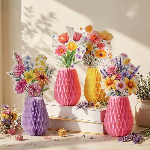 AmazingSpark 9 Pcs Summer Wildflower Honeycomb Table Centerpieces Baby Shower Birthday Party Decorations Floral Table Centerpieces Wildflower Paper Honeycomb Decor for Home Office