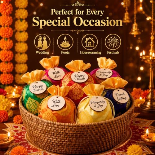 Kacctyen 24 Pcs Indian Return Gift Bags Bulk Traditional Potli Bags for Jewelry 6.7 x 9'' Banyan Leaf Print Fabric Return Gift Pouch with Drawstring for Pooja Diwali Housewarming Wedding Party Favor