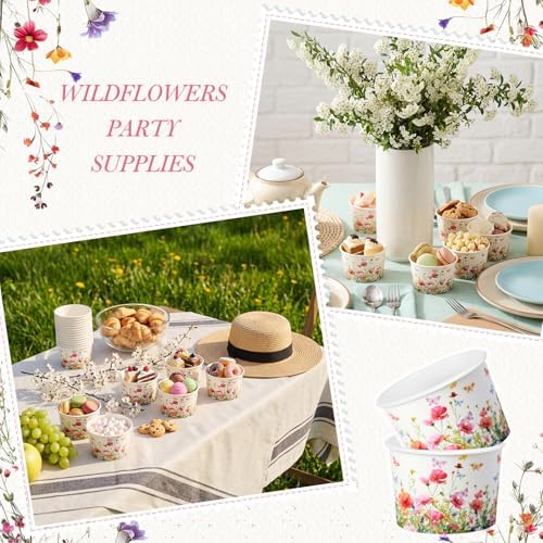 Maxdot 50 Pcs Wildflower Ice Cream Paper Cups 9oz Spring Disposable Snack Cups Decorative Butterfly Paper Dessert Bowls Party Supplies for Yogurt, Cupcakes, Soup Hot Cold Food