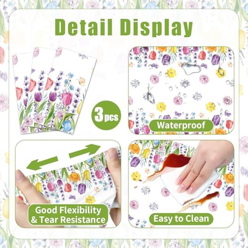 3-Piece 54 x 108 Inch Spring Tulip Floral Plastic Tablecloth – Colorful Wildflower Disposable Rectangle Table Covers with Botanical Border Design for Garden Party, Easter and Spring Celebrations