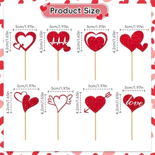 24Pcs Valentine's Day Cupcake Toppers, Glitter Red Heart Cake Decorations
