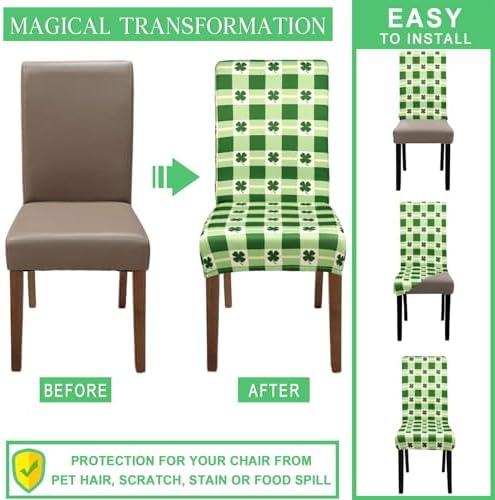 St. Patricks Day Chair Covers for Dining Room Set of 4 St Patricks Day Shamrock Dining Chair Protectors 4 Pcs Stretch Removable Washable Chair Slipcovers 4 Pack for Saint Pa Home and Party Decor