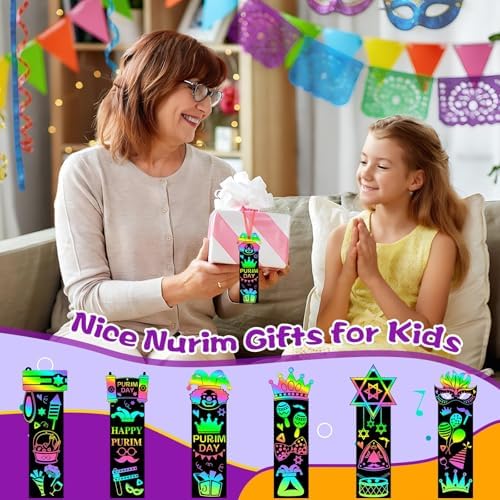 JUNEBRUSHS 30Pcs Purim Scratch Bookmarks for Students Classroom Activity
