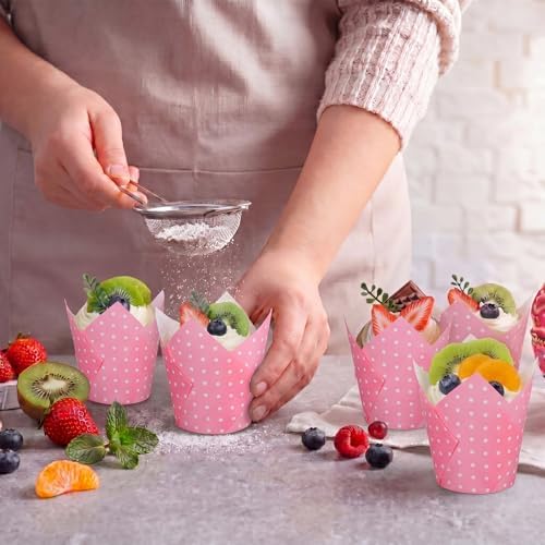 Maxdot 200 Pcs Pink and White Polka Dot Tulip Cupcake Liners for Baking Paper Muffin Baking Cups Tulip Muffin liners Wrappers for Bridal Baby Shower Wedding Birthday Party Decor