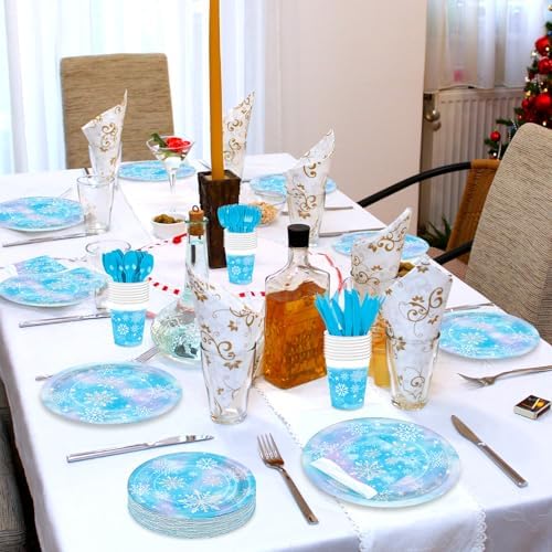 175 Pcs Snowflake Winter Wonderland Tableware Set - Serves 25, Snowflake-Themed Disposable Plates, Cups, Napkins, Forks, Spoons, Knives for Christmas, Winter Party Supplies, Holiday Gatherings