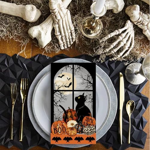 Horaldaily 50Pcs Halloween Paper Napkins, Buffalo Plaid and Dots Pumpkin Moon Cat Bats
