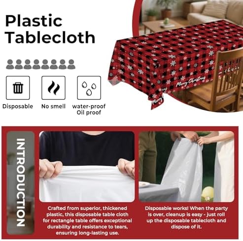 8 Pack Christmas Red Checkered Snowflake Plastic Tablecloth 54" x 108" Disposable Christmas Table Cloths for 6 to 8 Foot Tables Rectangle Table Cover for Parties (Red Checkered Snowflake, Rectangle)