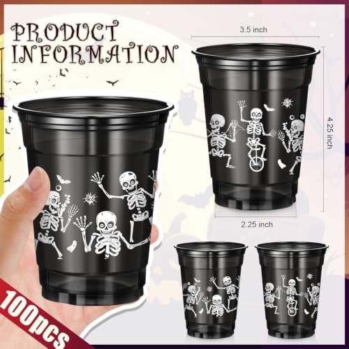 Vesici 100 Pcs Halloween Skeleton Plastic Cups 12 oz Disposable Black Cups