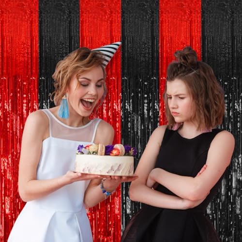 5 Pack Black and Red Party Backdrop Streamers Decorations Foil Fringe Curtains Metallic Tinsel Backdrop for Birthday Halloween Christmas New Year Fancy Ball Graduation Party Decor