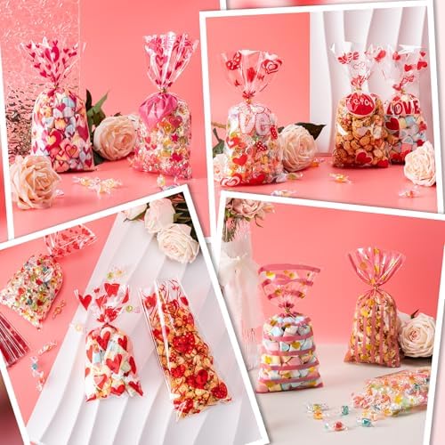 Valentines Cellophane Bags 120pcs Valentines Candy Bags with 140pcs Twists