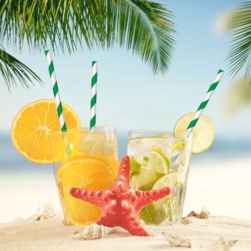 100 Packs Dark Green Biodegradable Striped Paper Straws, Dark Green and White Disposable Drinking Straws for Birthday Carnival Summer Pool Party Wedding Halloween Christmas Party Decoration Supplies