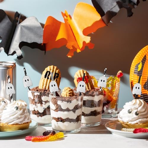 JarThenaAMCS 40Pcs Halloween Ghost Paper Straws Glitter Ghost Disposable Drinking Straw Black White Decorative Straws for Trick or Treat Birthday Party Supplies