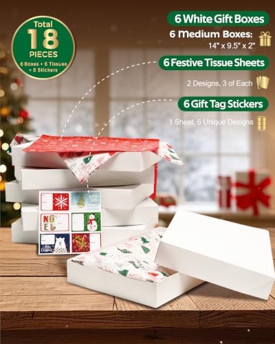 SUNCOLOR 6 Pack 14" Christmas Gift Boxes With Lids For Clothes Presents