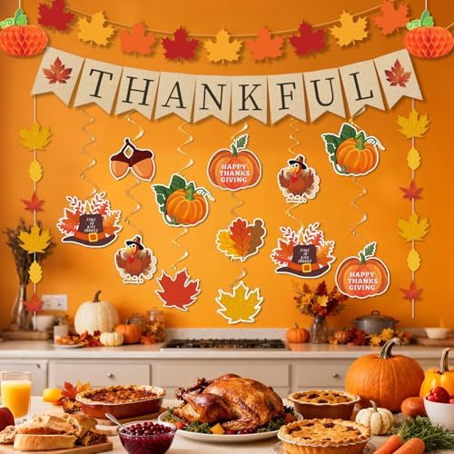 40Pcs Thanksgiving Decorations, Pre-Assembled Thanksgiving Banner & Garland, Hanging Swirls Decorations for Home Office Classroom Indoor Decor
