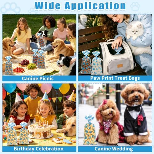 ZYLOP 50 Pcs Blue Dog Treat Bags - 5 x 11 Inch Clear Cellophane Dog Gift Bags with 60 Silver Twist Ties, Paw Print Bags for Pet Treats, Cat Treats, Candy, Cookies & Party Favors