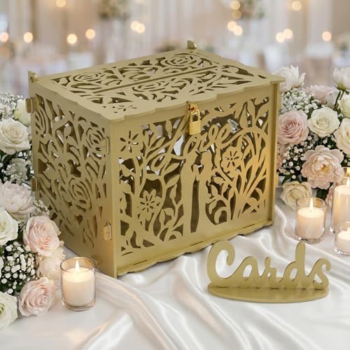 Jolik Bride and Groom Wedding Card Box with Sign, Large Rustic Locking Money Box Holder for Wedding Reception, Gift Card & Envelope Storage, DIY Anniversary & Birthday Party Decoration(Gold)