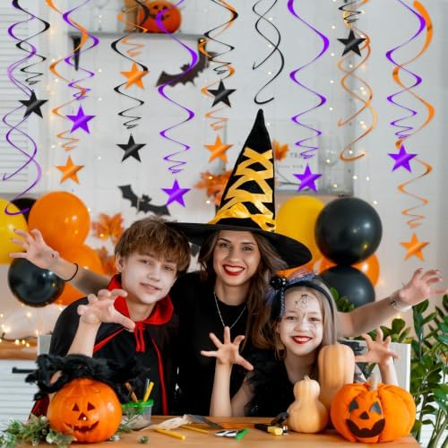 36Pcs Black Orange and Purple Star Swirl Decorations, Plastic Foil Star Swirl Ceiling Hanging Decorations Spiral Streamer Party Supplies for Halloween Fall All Kinds of Parties