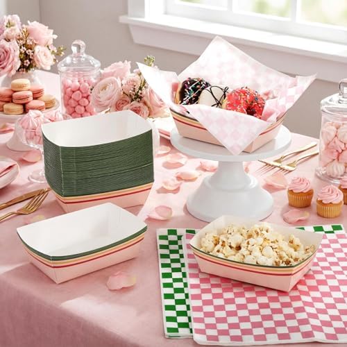 Geosar 100 Pcs Gingham Paper Food Tray with Wax Paper,Pink Green