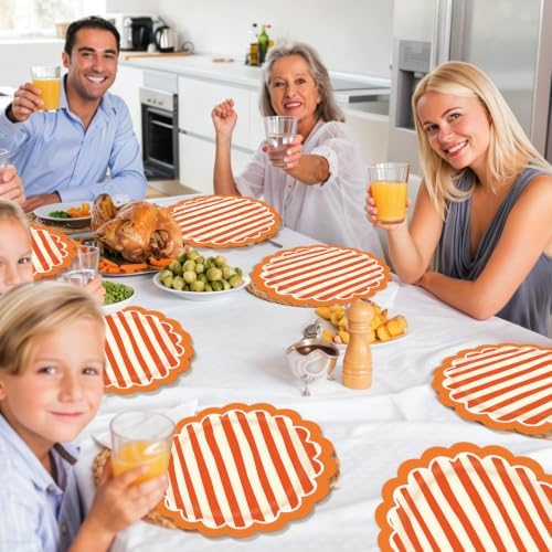 JarThenaAMCS 30Pcs Orange Stripe Paper Plates Fall Scalloped Disposable Plate Striped Dessert Plate for Autumn Thanksgiving Birthday Bridal Baby Shower Wedding Party Table Decor