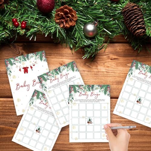 Christmas Baby Shower Games - 25 Pcs Baby Bingo Cards - Christmas Gender Reveal Games - Winter Party Decorations Favors Supplies -A06