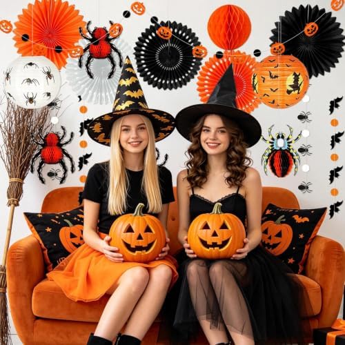 Halloween Party Decorations, Hanging Spider Bat Paper Lanterns Honeycomb Decorations for Home Haunted House Classroom Birthday Party Supplies Props (Orange & Black)