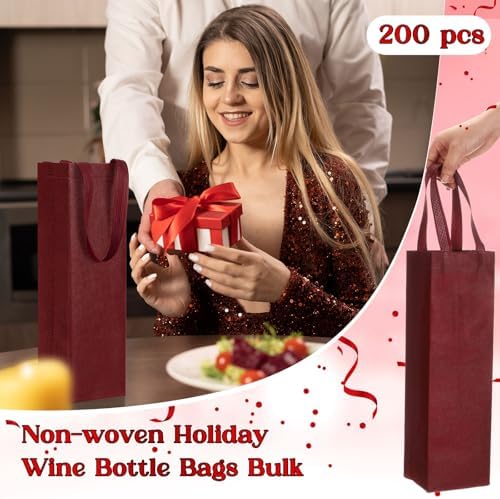 Windyun 200 Pcs Wine Gift Bags with Handle Reusable Small 13.8x3.5x3.9 Inches Liquor Bottle Totes Bulk for Birthday Wedding Christmas Holiday Party (Wine Red)