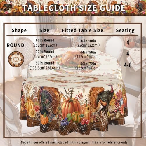 Thanksgiving Tablecloth Round 60 Inch, Stain Resistant Machine Washable Fabric Polyester Turkey Harvest Table Cloth Round Thanksgiving Tablecloth Table Cover for Kitchen Dining Party