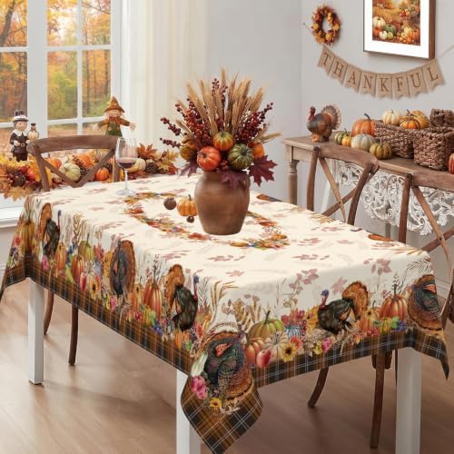 Thanksgiving Plaid Tablecloth Rectangle 60 x 84 Inch, Stain Resistant Machine Washable Fabric Polyester Turkey Harvest Tablecloths Rectangular Thanksgiving Table Cloth Rectangle Table Cover