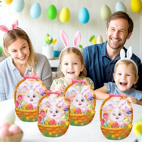 FOIMAS 50pcs Easter Gift Bags Plastic Easter Goodie Bags with Handles Ziplock Bunny Basket Resealable Candy Bag for Holiday Party Candy Gifts Supplies Decoration Favor