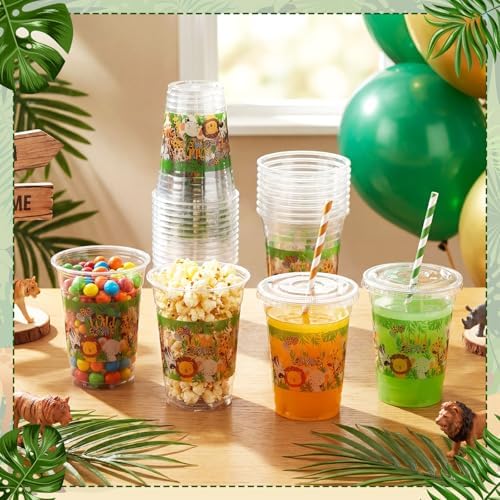 Jingmore 50 Pcs Wild One Plastic Disposable Clear Cups with Lids and Straws
