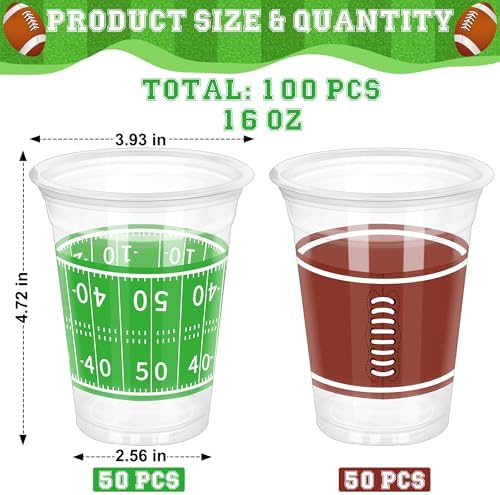 Heartome 100 PCS Football Plastic Cups, 16 OZ Plastic Cups, Brown Green Accessories Bulk, Disposable Cold Hot Drink Container for Football Party Supplies Touchdown Birthday Party Decorations, Decor