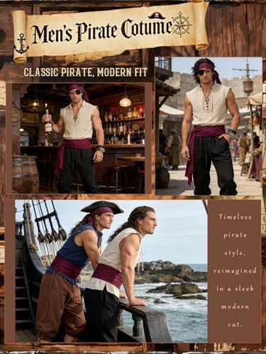 Verceco Mens Pirate Costume 8PCS Renaissance Sleeveless Shirt Ankle-Banded Pants Sash Belt & Accessories LARP Cosplay