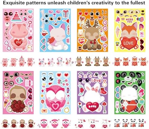 32 Sheets Valentine Stickers for Kids, Valentine's Day Make a Face Stickers, Make Your Own Stickers 8 Designs of Animal Owl Rabbit Bear Stickers for Boys Girls