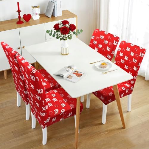 Valentine's Day Chair Covers for Dining Room Set of 4 Valentines Heart Dining Chair Slipcovers 4 Pcs Stretch Removable Washable Seat Protector 4 Pack for Valentine Home and Party Decor