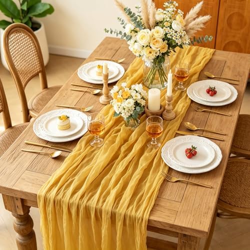 3Pcs Yellow Table Runner, 10FT Rustic Gauze Gold Table Runner 35*120inch Boho Table Runners for Wedding Bridal Shower Birthday Baby Shower Table Centerpiece Decorations