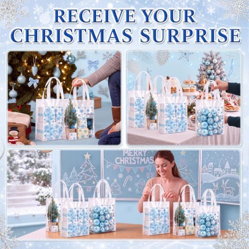 Pajean 25 Pcs Winter Plastic Gift Bags with Handles, Blue Snowflake Pouches