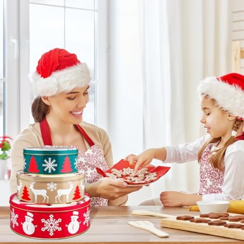 Hemoton Christmas Cookie Tins with Lids for Gift Giving, 3 Pack Round Christmas Tin Containers, Metal Nesting Containers for Holiday Use, Large Medium Small