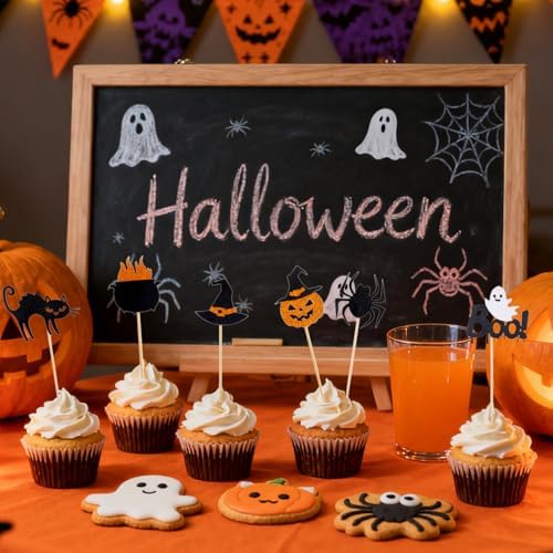 24 PCS Halloween Cupcake Toppers,Glitter Spider Witch Hat Spooky Little Boo Ghost Cat Pumpkin Cupcake Picks for Halloween Theme Baby Shower Kids Birthday Party Cake Decorations