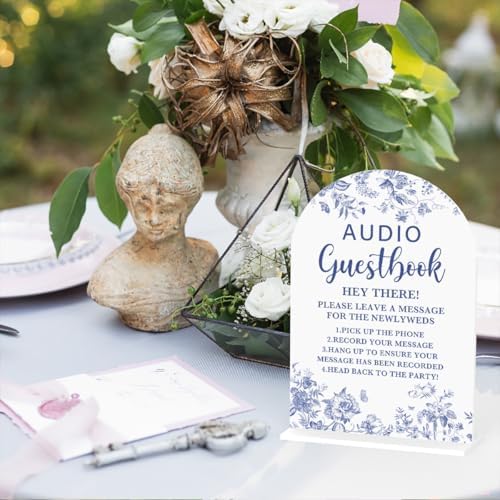 Acrylic Wedding Signs, Dusty Blue Wedding Decor, Blue Weddings Decor, Audio Guestbook Sign for Ceremony, White Modern Arch Acrylic Table Top Sign for Weddings Parties Dinners 5x7 Inch