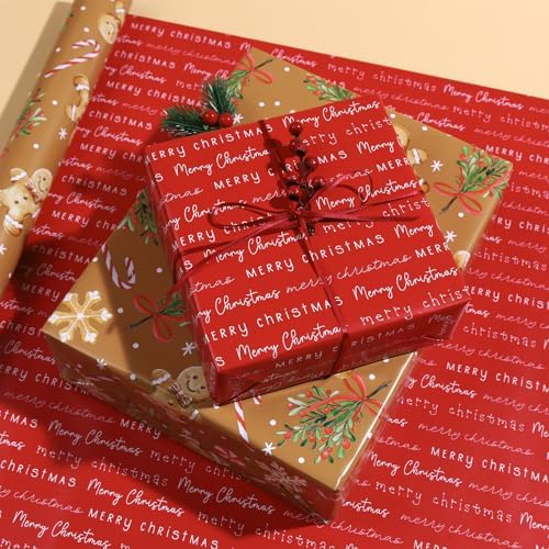 LaRibbons Christmas Wrapping Paper, Double-Sided Gingerbread Cookie Design