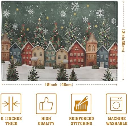 Christmas Placemats 12x18 Inch Set of 4, Winter Xmas Tree Wonderland Forest Village Town House Snowflake Linen Table Mats Washable Place Mats for Party Kitchen Dining Outdoor Indoor Decor