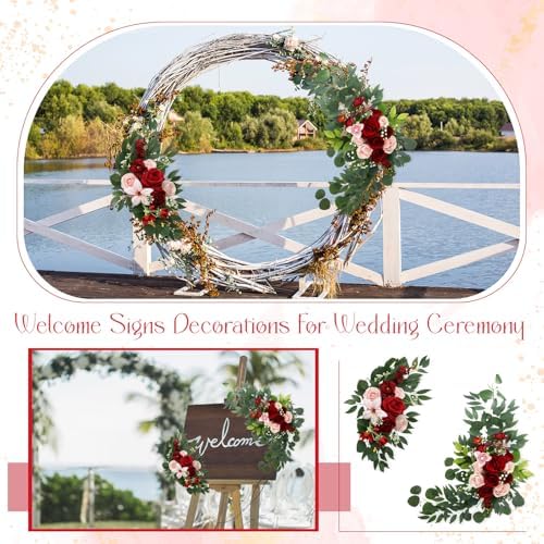 Hotop Wedding Arch Flowers Set of 4 Artificial Faux Floral Swag, Rose Red
