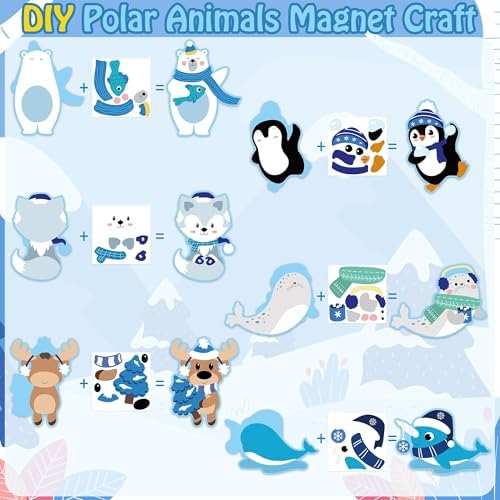 Haooryx DIY Polar Animal Magnet Craft Kit - 30 Set Make Your Own Winter Arctic Animal Sticker Decoration Christmas Paper Craft for School Art Project Refrigerator Bulletin Board Xmas Holiday Decor