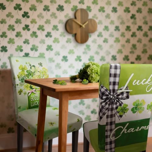 St Patricks Day Chair Covers Set of 4 Shamrock Chair Back Covers St Patrick's Day Dining Chair Covers for Party Kitchen Decorations
