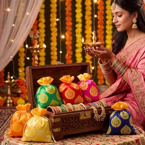 Kacctyen 24 Pcs Indian Return Gift Bags Bulk Traditional Potli Bags for Jewelry 6.7 x 9'' Banyan Leaf Print Fabric Return Gift Pouch with Drawstring for Pooja Diwali Housewarming Wedding Party Favor